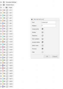 3. Enter text to find and replace. Check the components, bodies, sketches or part numbers checkbox.